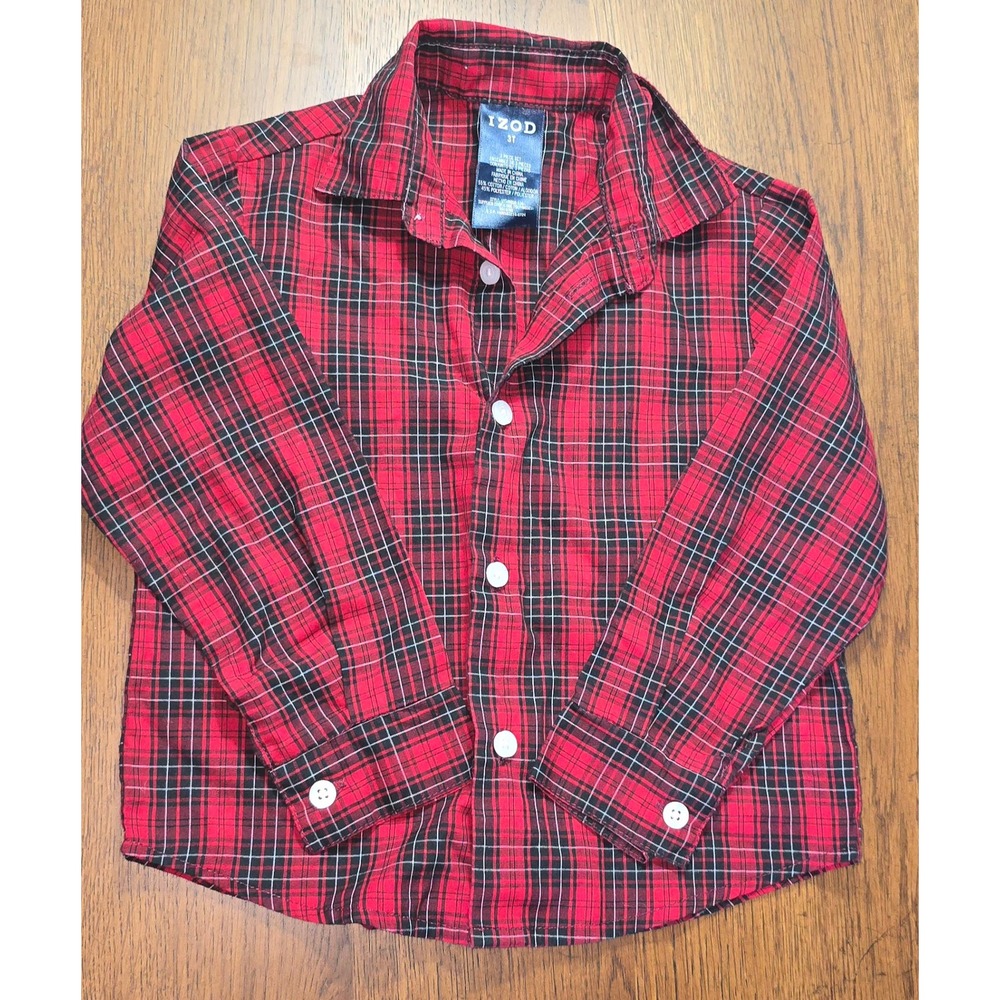 IZOD Toddler Boys Red Black Plaid Long Sleeve Button Down Shirt 3T